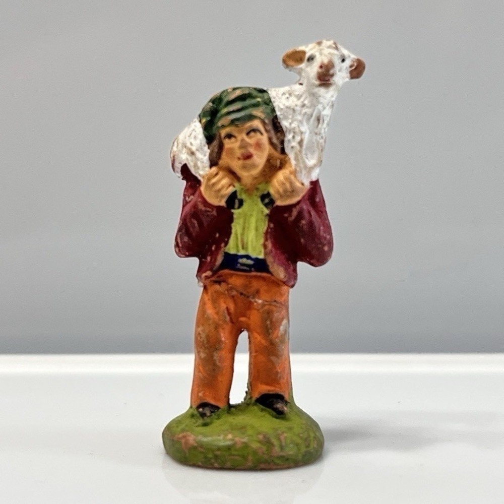 Vintage Santon French Hand Painted Figurine Boy Carrying Lamb Sheep 2 in